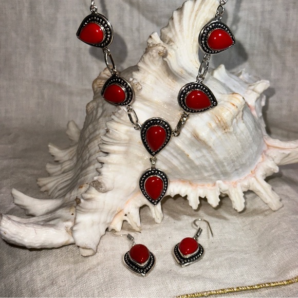 Italian Coral vintage handcrafted 6 gem necklace & Earring Set - Picture 1 of 11